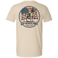 A natural colored crewneck t-shirt shown from the back, featuring a large circular graphic print with a German Shorthaired Pointer dog, an American flag, and the text 'GSP PATRIOTIC POINT SINCE 2026'.