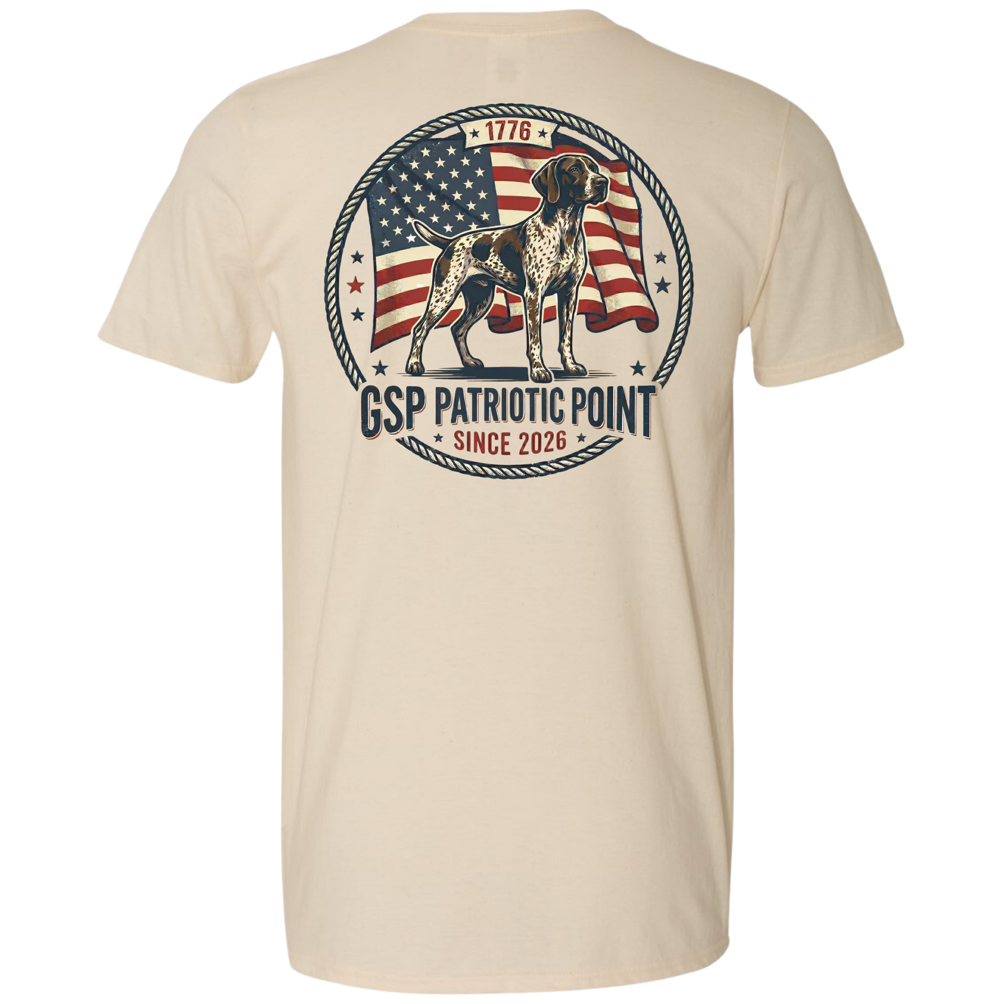 A natural colored crewneck t-shirt shown from the back, featuring a large circular graphic print with a German Shorthaired Pointer dog, an American flag, and the text 'GSP PATRIOTIC POINT SINCE 2026'.