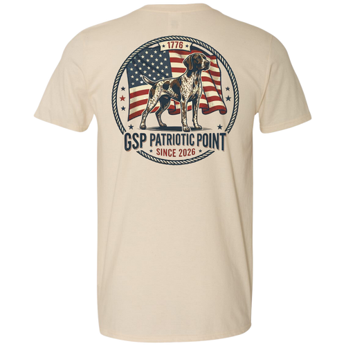 A natural colored crewneck t-shirt shown from the back, featuring a large circular graphic print with a German Shorthaired Pointer dog, an American flag, and the text 'GSP PATRIOTIC POINT SINCE 2026'.