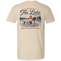 A natural short-sleeve t-shirt shown from the back, featuring a large graphic print of a hunting dog in a lake with the text 'I'D RATHER BE AT The Lake' and 'Born to be by the water'.