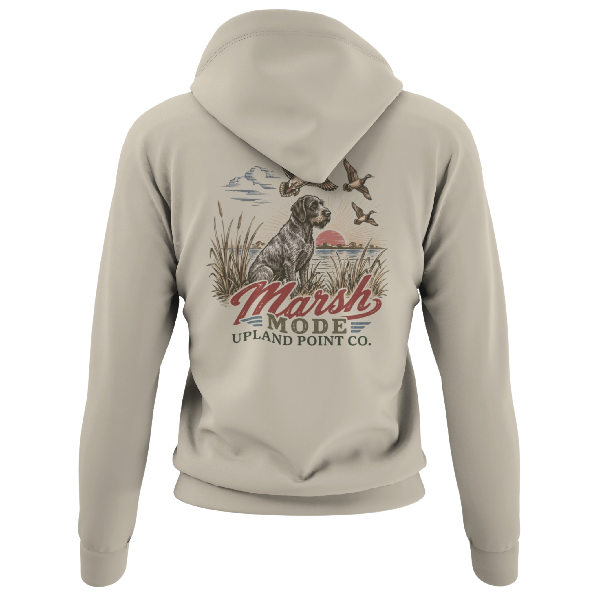 A sand colored  hooded sweatshirt shown from the back, featuring a large graphic print of a dog in a marsh with ducks and the text 'Marsh Mode Upland Point Co.'.