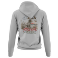 A sport grey pullover hoodie shown from the back, featuring a vintage-style graphic print of a dog in a marsh with ducks flying overhead and the text 'Marsh Mode Upland Point Co.'.