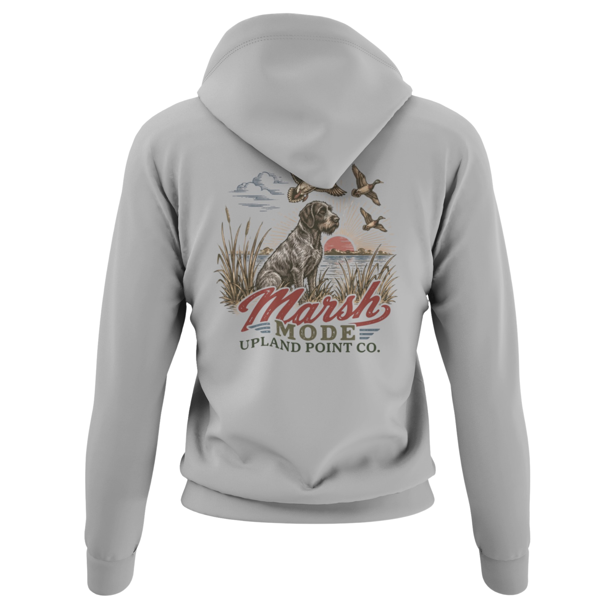 A sport grey pullover hoodie shown from the back, featuring a vintage-style graphic print of a dog in a marsh with ducks flying overhead and the text 'Marsh Mode Upland Point Co.'.