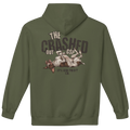 An military green pullover hoodie shown from the back, featuring a distressed graphic print with the text 'THE CRASHED OUT GSP' and 'UPLAND POINT CO.' above an illustration of a dog lying on the ground.