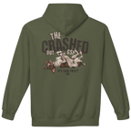 An military green pullover hoodie shown from the back, featuring a distressed graphic print with the text 'THE CRASHED OUT GSP' and 'UPLAND POINT CO.' above an illustration of a dog lying on the ground.