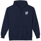 A navy blue pullover hoodie with a white 'UP' logo and 'UPLAND POINT' text printed on the left chest, displayed against a solid white background.