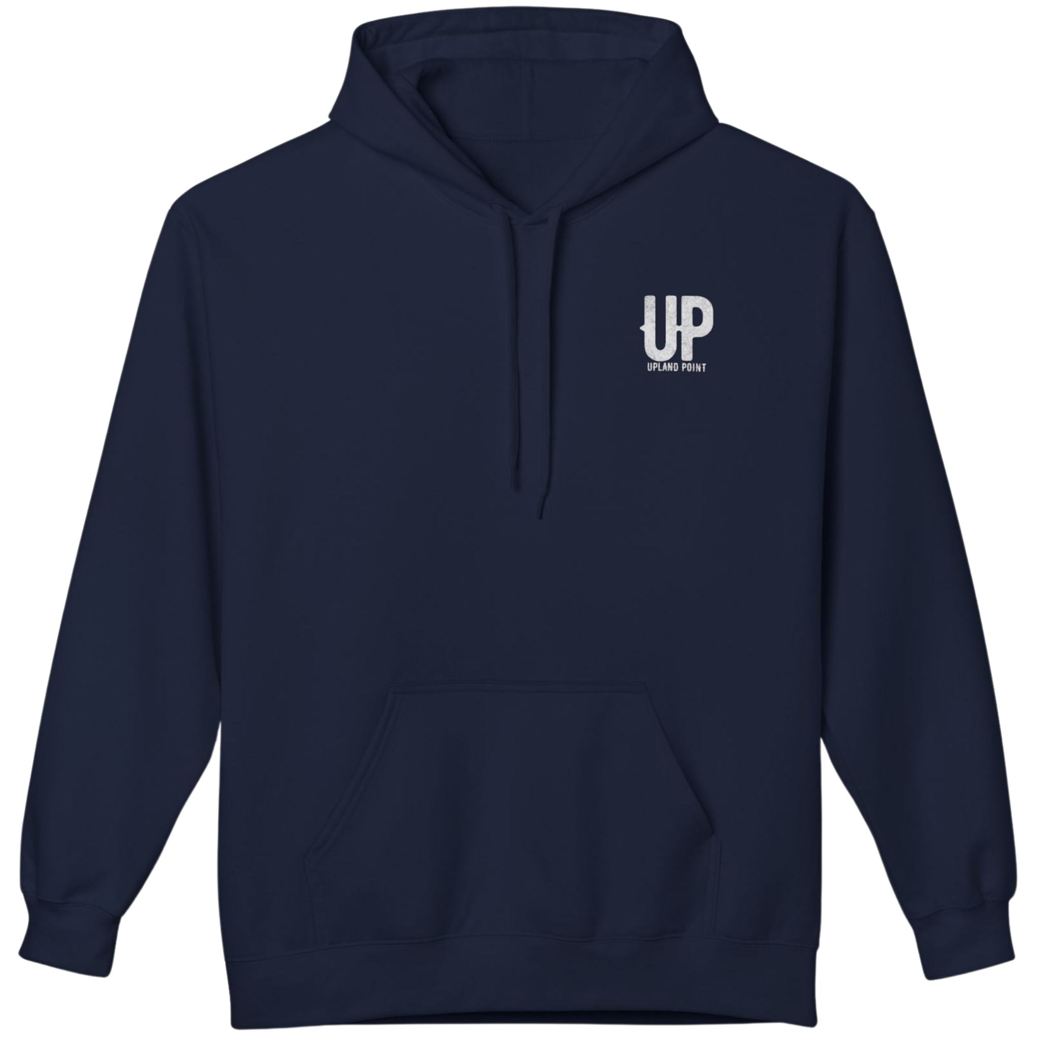 A navy blue pullover hoodie with a white 'UP' logo and 'UPLAND POINT' text printed on the left chest, displayed against a solid white background.