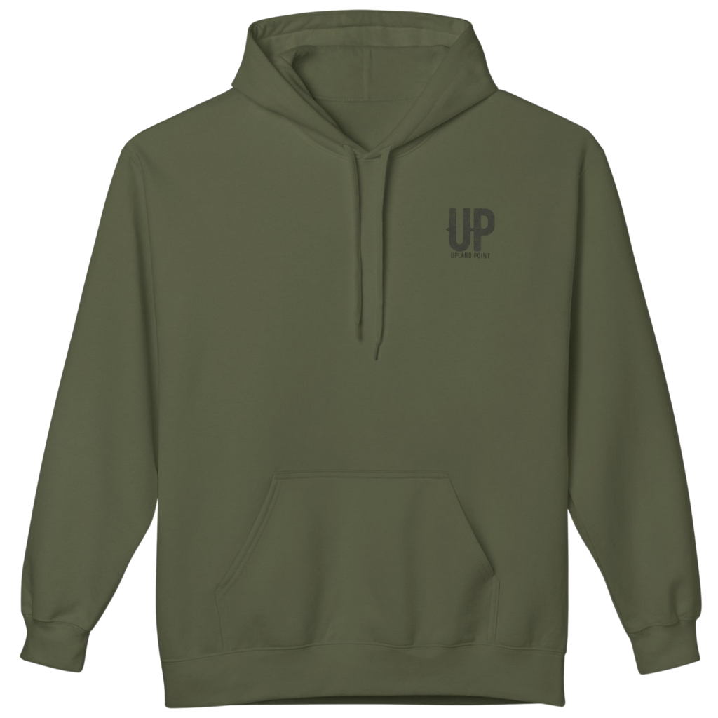 A military green pullover hoodie with a small black distressed 'UP' logo on the left chest, displayed on a clean white background.