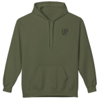 A military green pullover hoodie with a small black distressed 'UP' logo on the left chest, displayed on a clean white background.