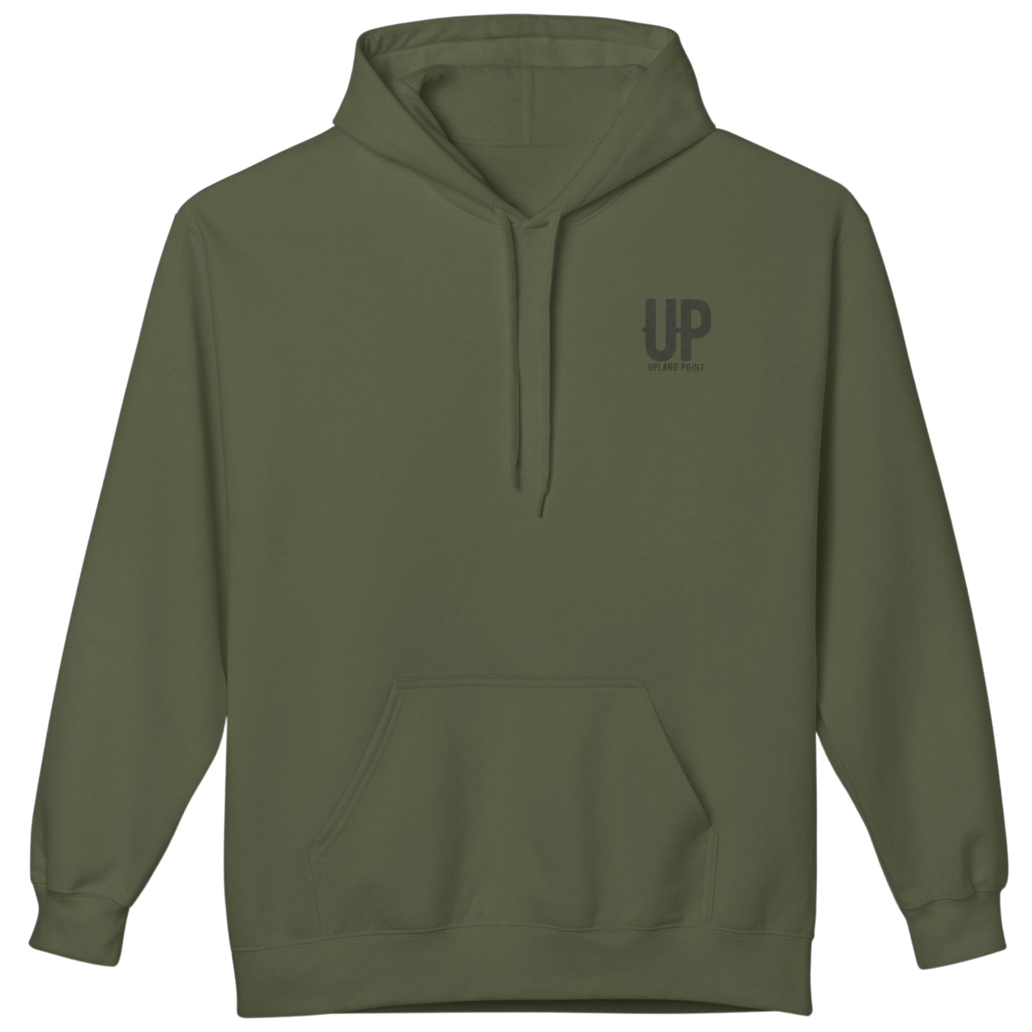 A military green pullover hoodie with a small black distressed 'UP' logo on the left chest, displayed on a clean white background.
