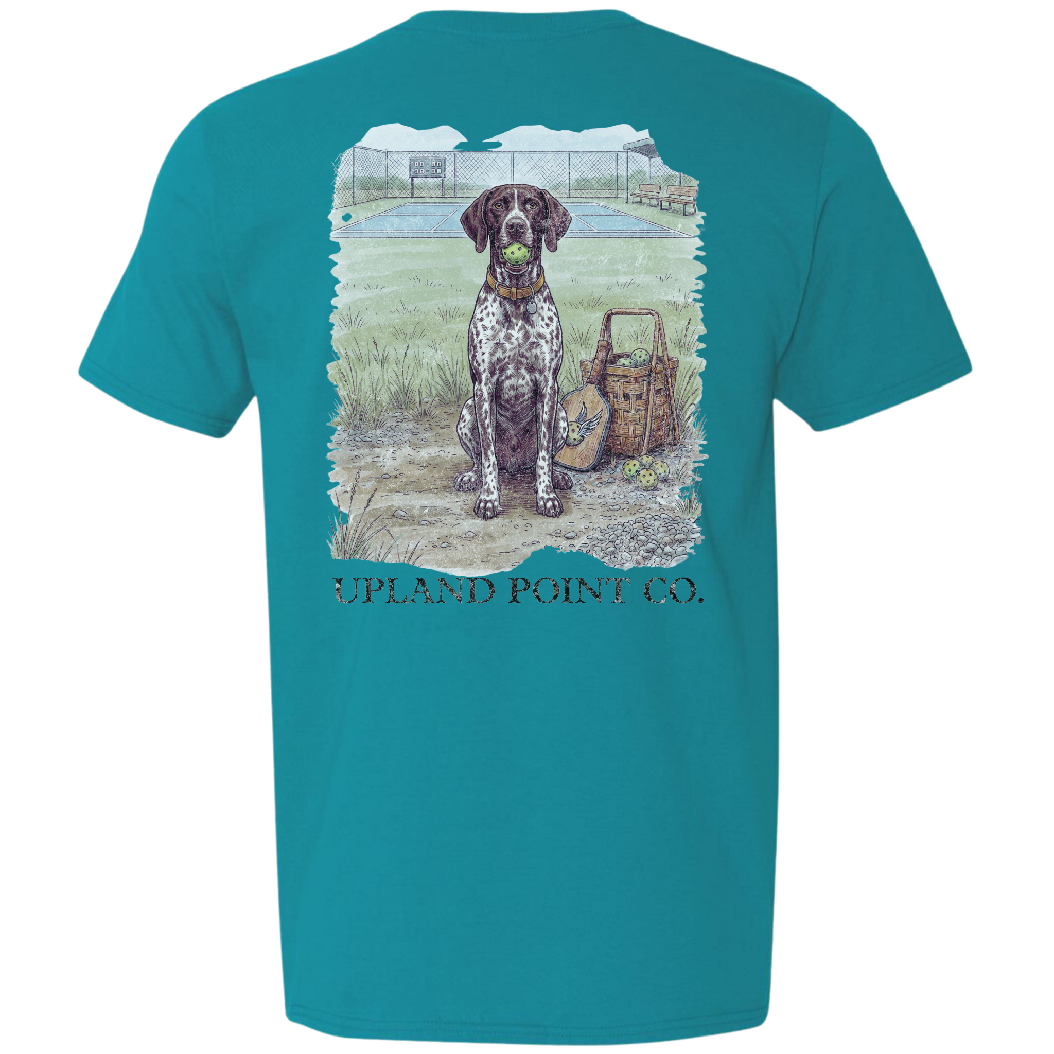 A tropical blue  short-sleeve t-shirt with a large graphic print on the back showing a black and white spotted dog sitting next to a basket on a pickleball court, with the text 'UPLAND POINT CO.' printed below the graphic.