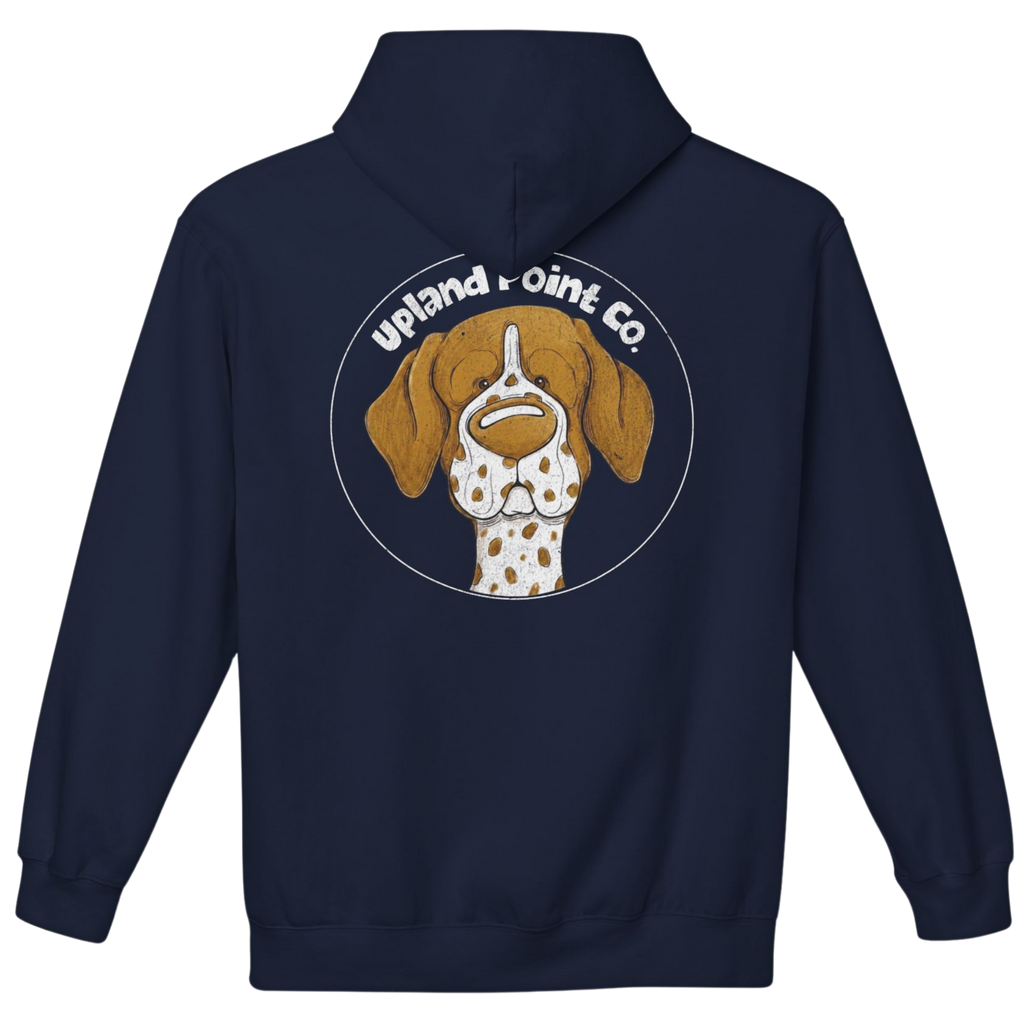 A navy blue pullover hoodie shown from the back, featuring a circular graphic of a German Shorthair Pointer dog's face with the text 'Upland Point Co.' in white above it.
