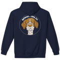 A navy blue pullover hoodie shown from the back, featuring a circular graphic of a German Shorthair Pointer dog's face with the text 'Upland Point Co.' in white above it.