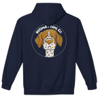 A navy blue pullover hoodie shown from the back, featuring a circular graphic of a German Shorthair Pointer dog's face with the text 'Upland Point Co.' in white above it.