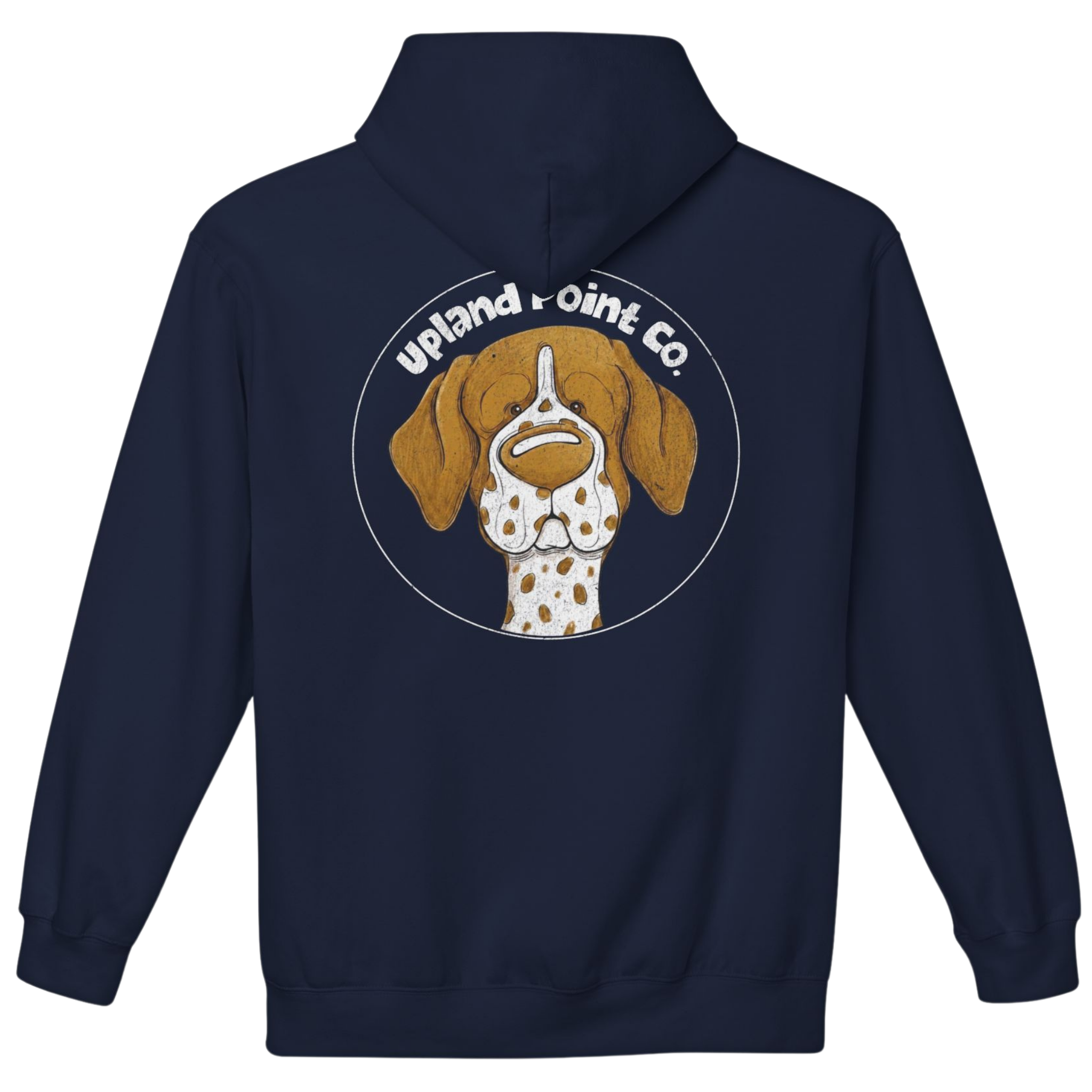 A navy blue pullover hoodie shown from the back, featuring a circular graphic of a German Shorthair Pointer dog's face with the text 'Upland Point Co.' in white above it.