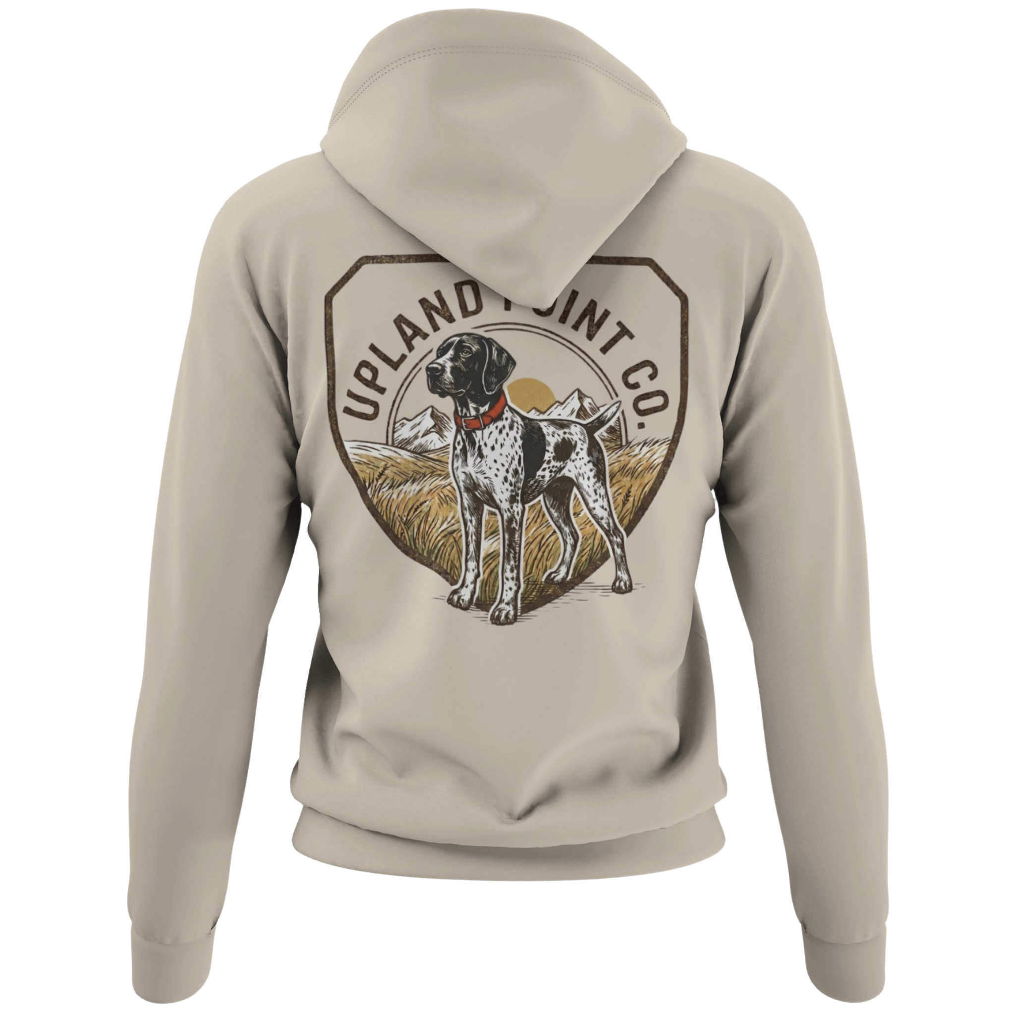 A sand colored hoodie shown from the back, featuring a large graphic print of a black and white ticked German Shorthair Pointer dog wearing a red collar inside a shield outline with the text 'UPLAND POINT CO'. badge